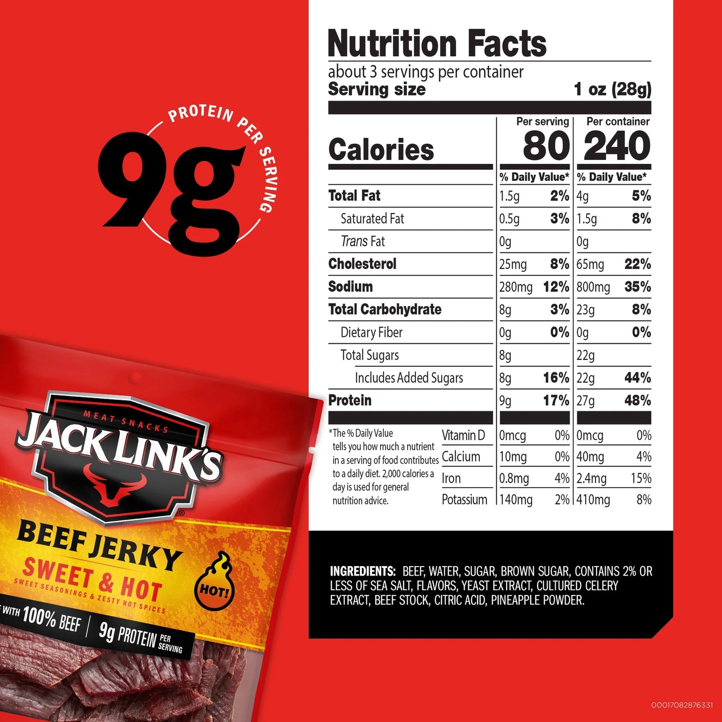 Jack Link’s Beef Jerky, Sweet & Hot, 100% Beef, 9g of Protein per Serving, 2.85 oz Bag