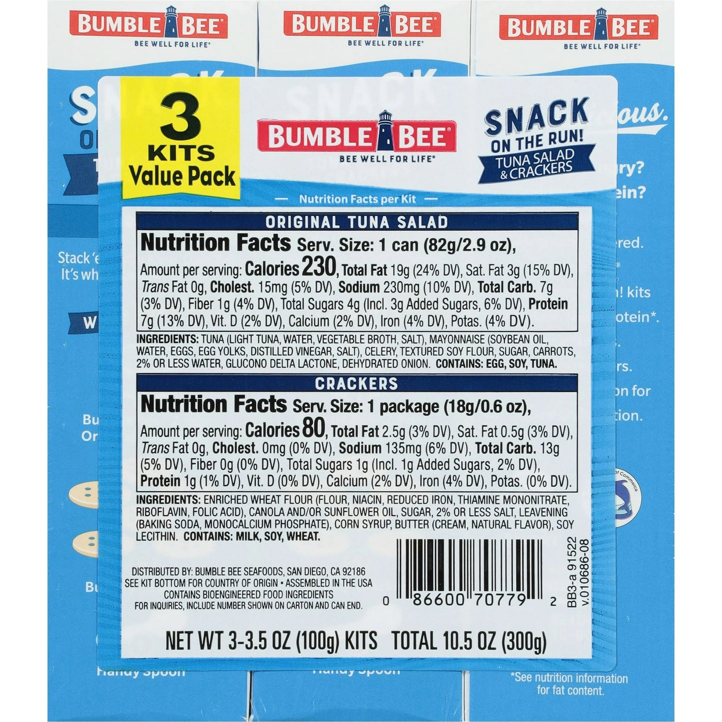 Bumble Bee Snack on the Run! Tuna Salad with Crackers, 3.5 oz kits, 3 pack