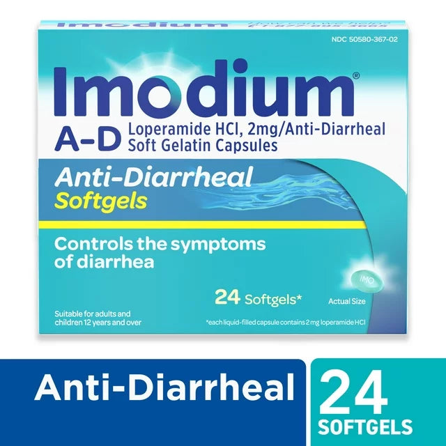 Cápsulas blandas antidiarreicas Imodium AD, hidrocloruro de loperamida, 24 unidades.