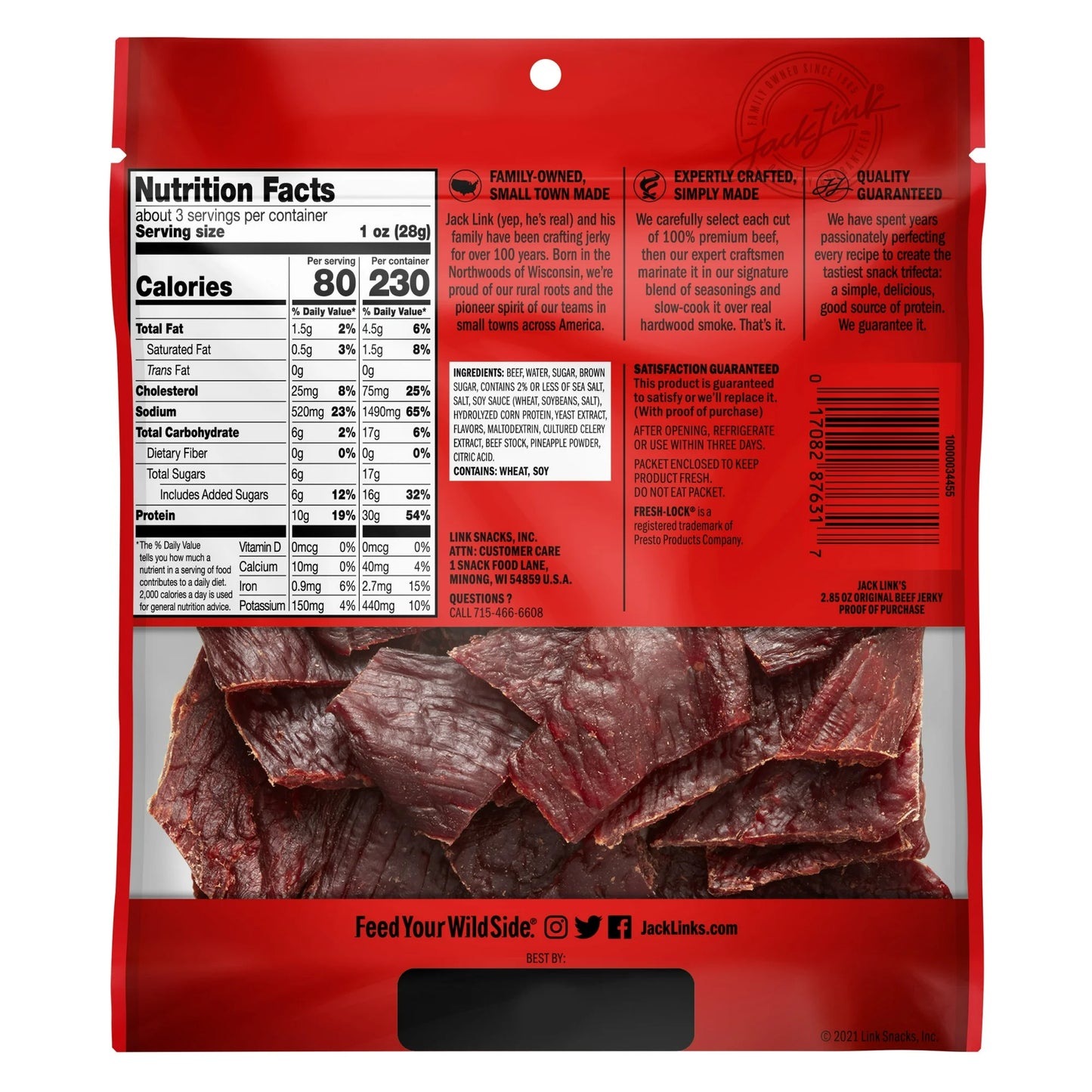 Jack Link’s Beef Jerky, 100% Beef, Original, 2.85 oz, 10g of Protein Per Serving