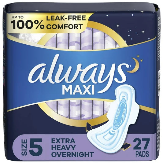 Toallas higiénicas Always Maxi con alas, talla 5, absorción extra alta durante la noche, 27 unidades