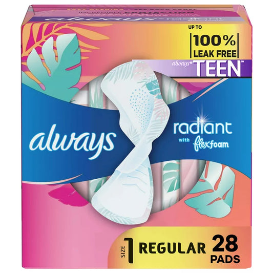 Toallas higiénicas Always Radiant Teen con alas, talla 1, absorción regular, 28 unidades