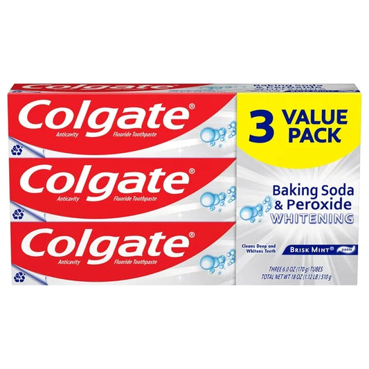 Pasta dental blanqueadora Colgate con bicarbonato de sodio y peróxido, sabor menta fresca, paquete de 3