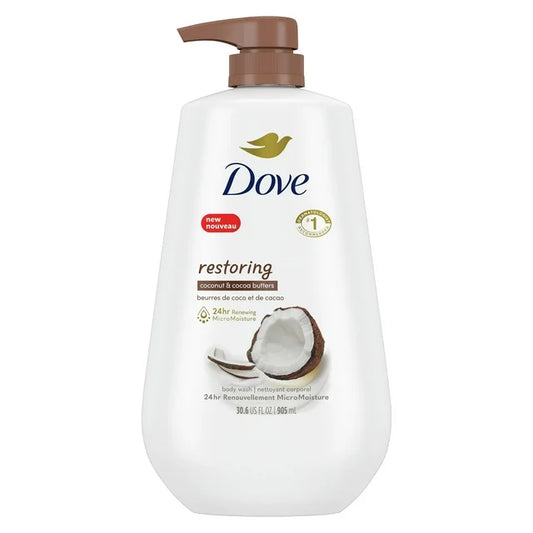 Dove Restoring Gentle Women's Body Wash para todo tipo de piel, coco y manteca de cacao, 30.6 fl oz