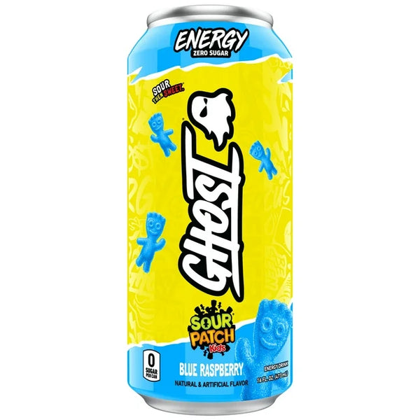 Ghost Zero Sugar Sour Patch Kids Blue Raspberry Energy Drink, 200mg Natural Caffeine, 16 fl oz, Can