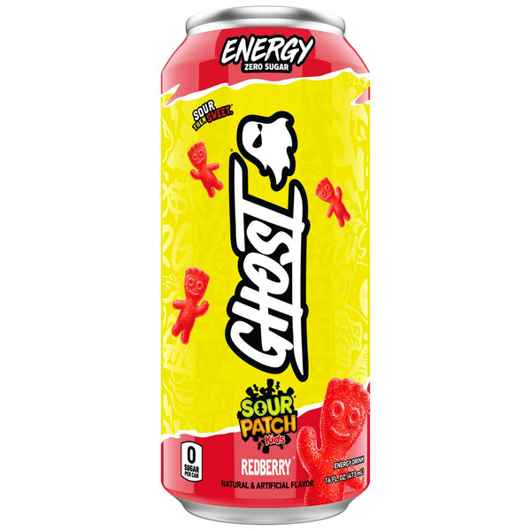 Ghost Zero Sugar Sour Patch Kids Redberry Energy Drink, 200mg Natural Caffeine, 16 fl oz, Can