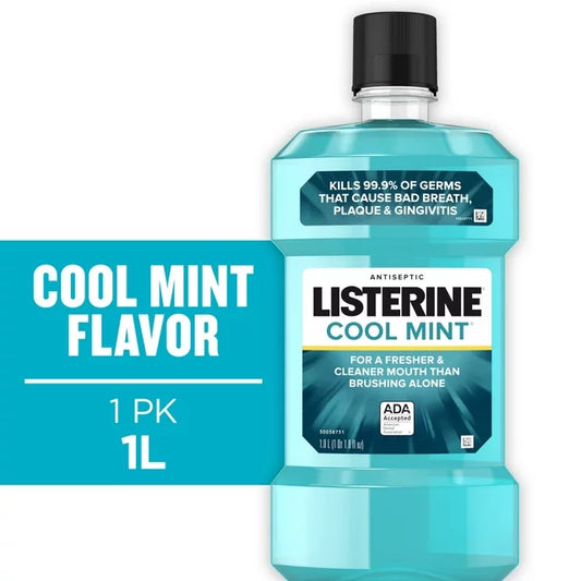 Enjuague bucal antiséptico Listerine Cool Mint para el mal aliento y la placa, 1 L