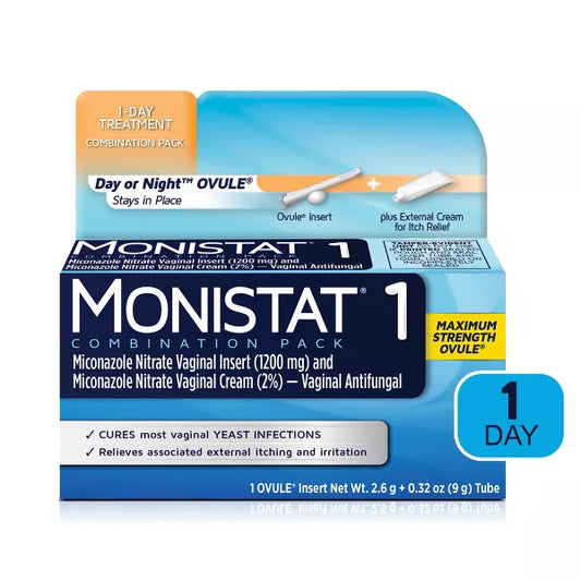Tratamiento de 1 día para infecciones por hongos Monistat, óvulo de miconazol y crema antipicazón externa
