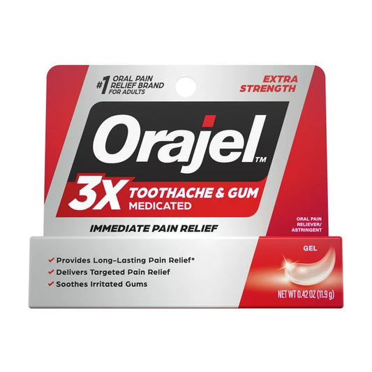 Gel medicado Orajel 3X para el dolor de muelas y encías, alivio inmediato del dolor, extra fuerte, 0.42 oz