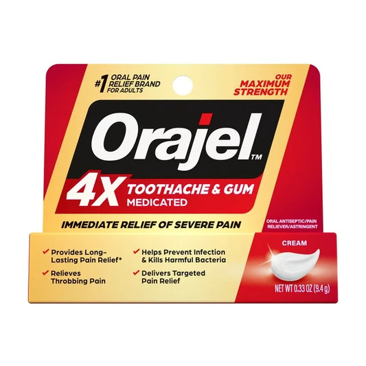 Crema Orajel 4X para el dolor de muelas y encías intenso, tubo de 0.33 oz - De la marca líder en alivio del dolor bucal