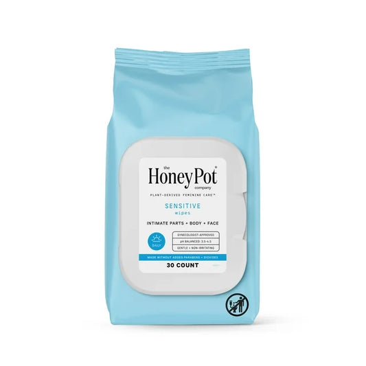 The Honey Pot Company, Toallitas limpiadoras femeninas diarias Sensitive, para zonas íntimas, cuerpo o rostro, 30 unidades